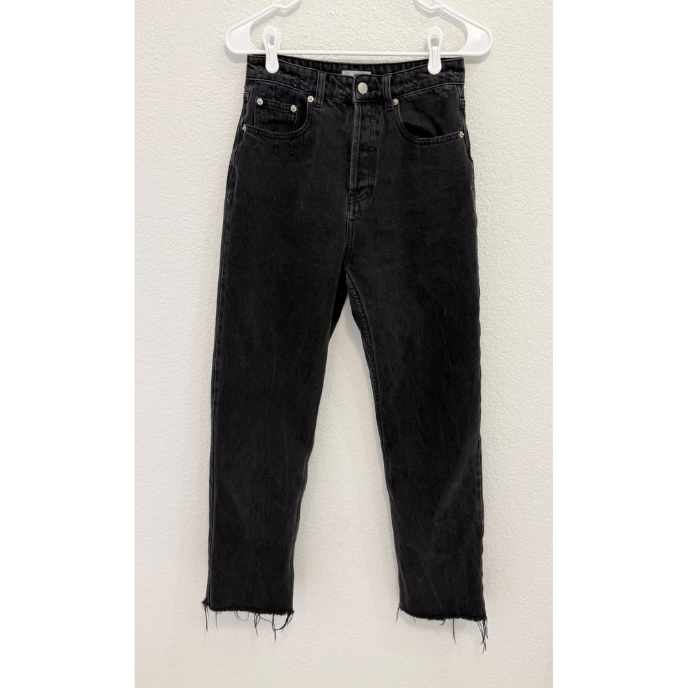 Meshki Black High Waisted Straight Leg Jeans Button Fly Raw‎ Hem Size 8